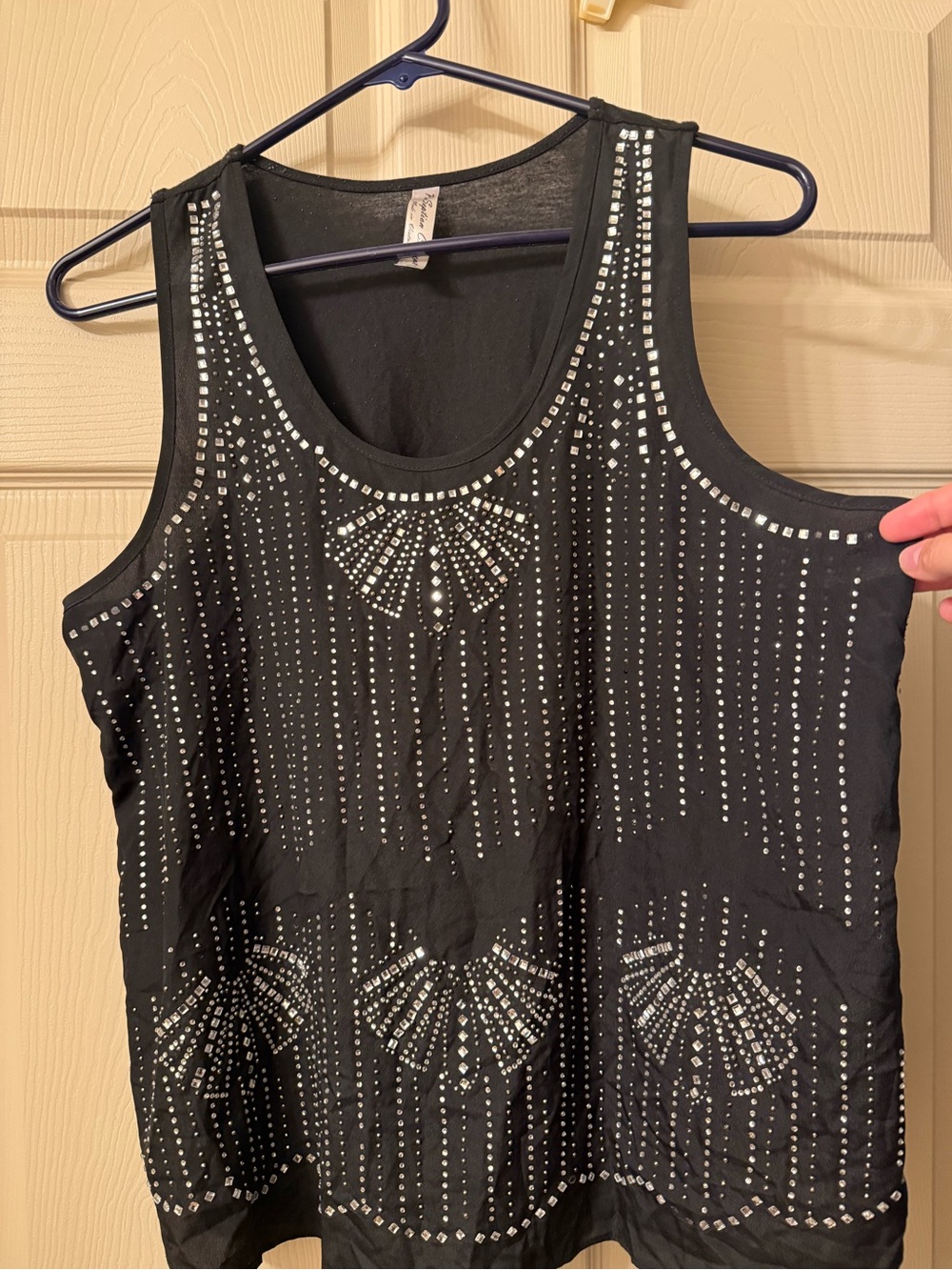 PerSeption Concept Black Sleeveless Art Deco Rhinestone Tank Top Size L
